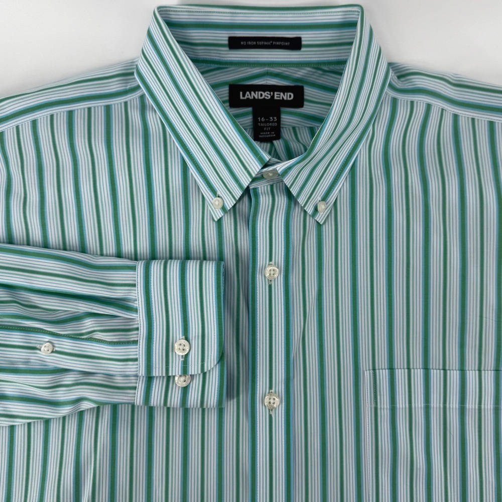 Lands' End Mens 16-33 Tailored Fit No Iron Supima Pinpoint Stripe Shirt Green - Picture 1 of 10